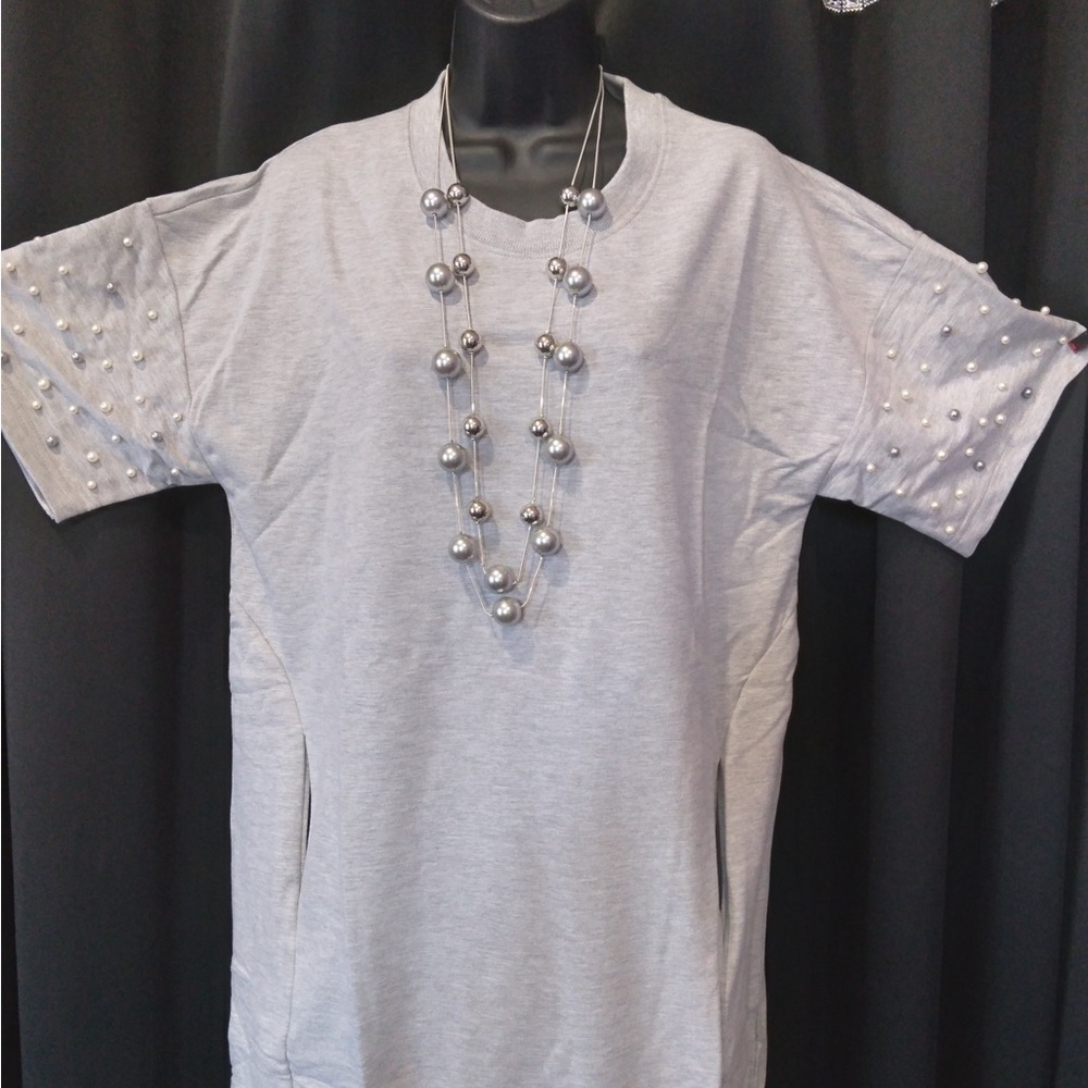 Grey dress with pearl embellishment sleeves